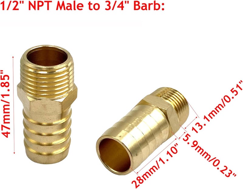 Bumugufu 4 قطع محولات خرطوم ذكر 1/2" NPT إلى 3/4" بارب، تركيبات أنابيب نحاسية 3/4" بارب إلى 1/2" NPT ذكر لأنظمة المياه والوقود - Image 2